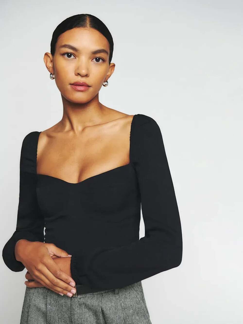 Reformation Black Reign Long Sleeve Top with Sweetheart Neckline